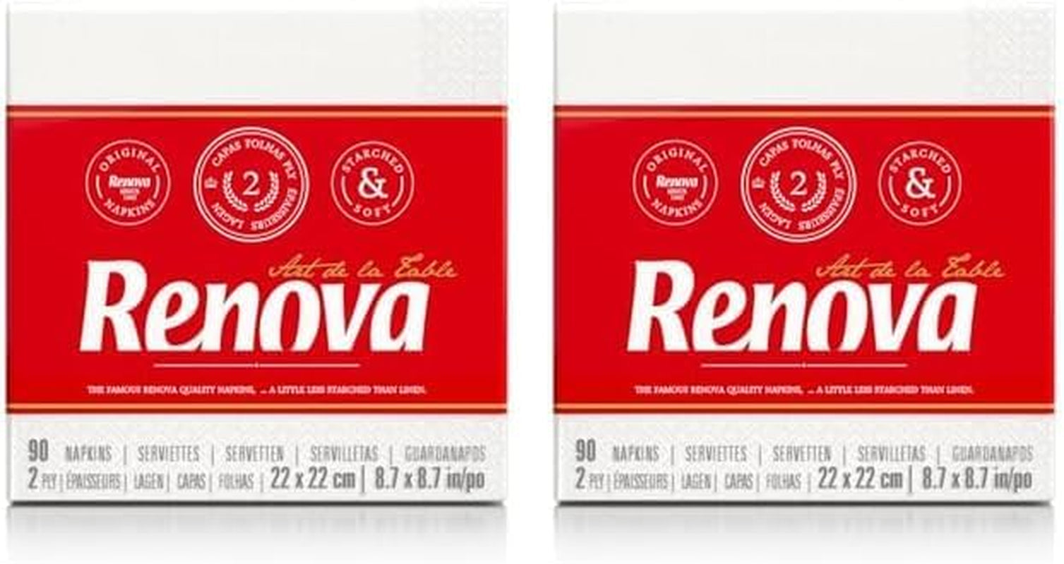 Serviettes en papier Renova, style cocktail de table blanc - 90 serviettes (paquet de 2)