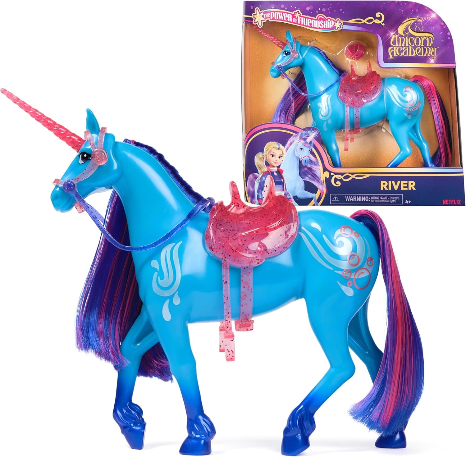 Unicorn River Unicorn Academy - Licorne Isabel originale de 28 cm de haut de la série Netflix, avec crinière et queue réelles, bride, selle et brosse amovibles, pour les enfants à partir de 4 ans