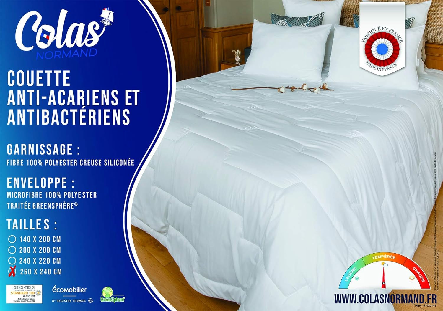 COLAS NORMAND Couette anti-acariens et antibactérienne, légère, 260 X 240 cm, effet longue durée, hygiène parfaite, microfibre, douce et confortable, lavable, blanc 53130250 Couettes et couettes Naty Shop