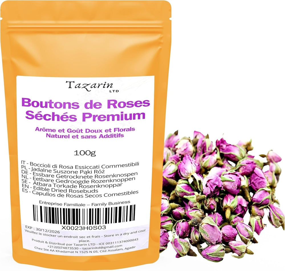 100g boutons de roses comestibles premium - infusion de pétales de roses séchées de l'Atlas - goût et arôme sucrés et floraux - 100% naturels, purs et sans additifs | Tazarin Ltd