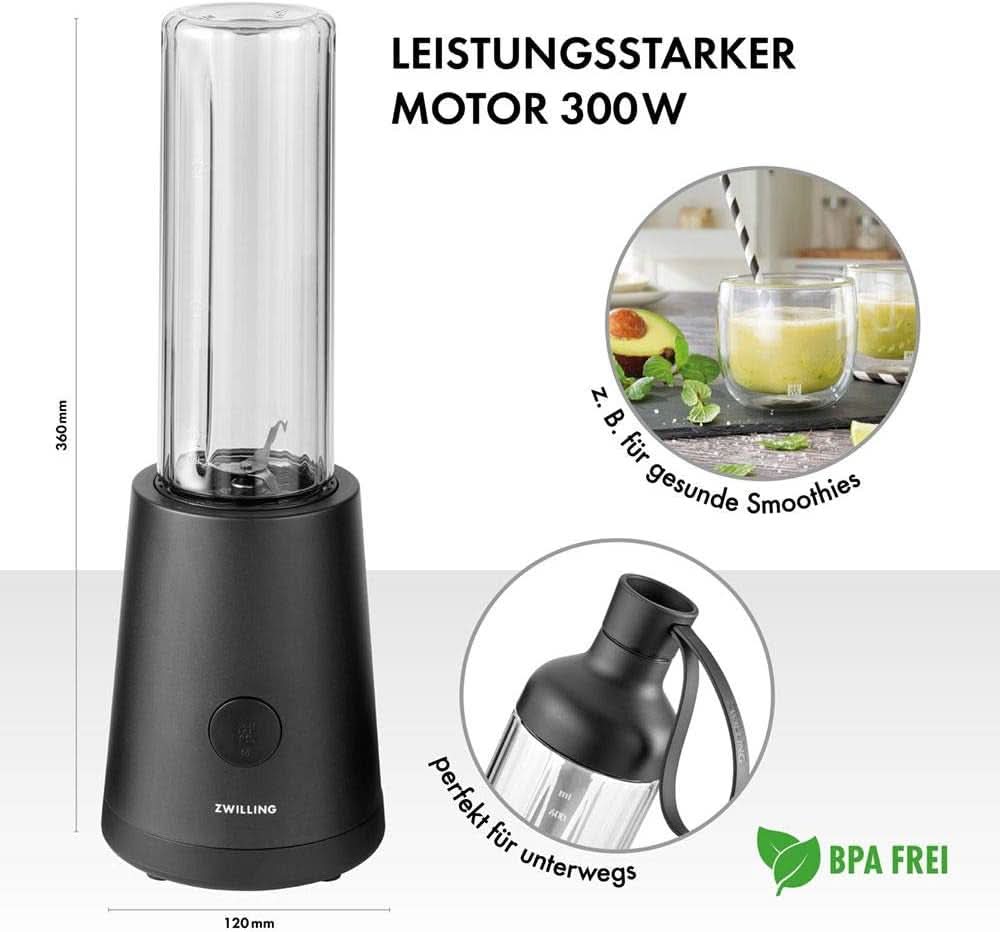 ZWILLING Batteur sur socle, Smoothie Maker, Inkl. Trinkflasche Mit Verschluss, 600 Ml, 300 Watt, Edelstahl/Kunststoff, Schwarz Kitchen Naty Shop
