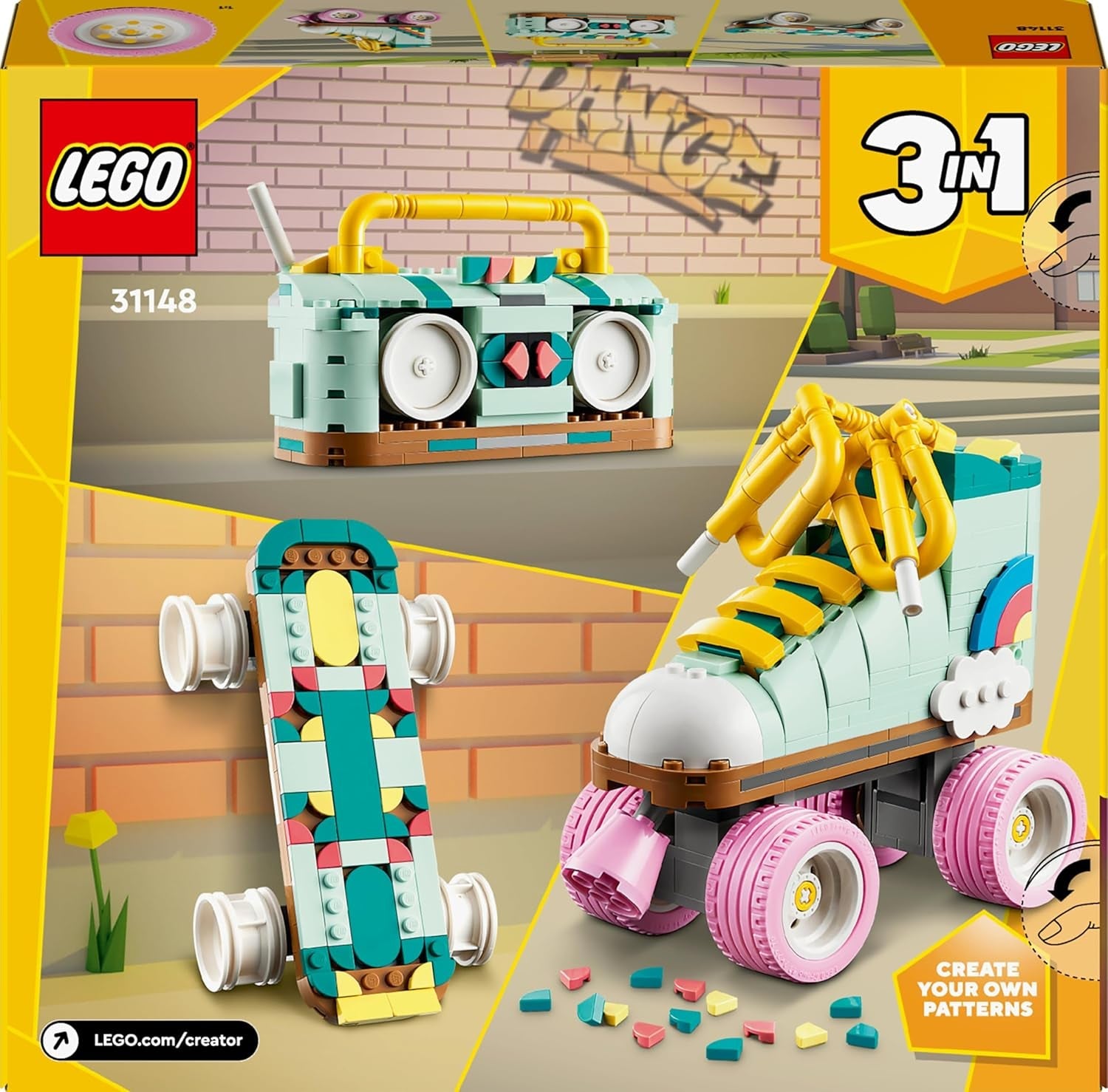 LEGO Creator 3in1 Retro Roller Skate Toy - Transforms into a Mini Skateboard or Boom Box Radio, Creative Gift for 8+ Year Old Girls & Boys - 31148