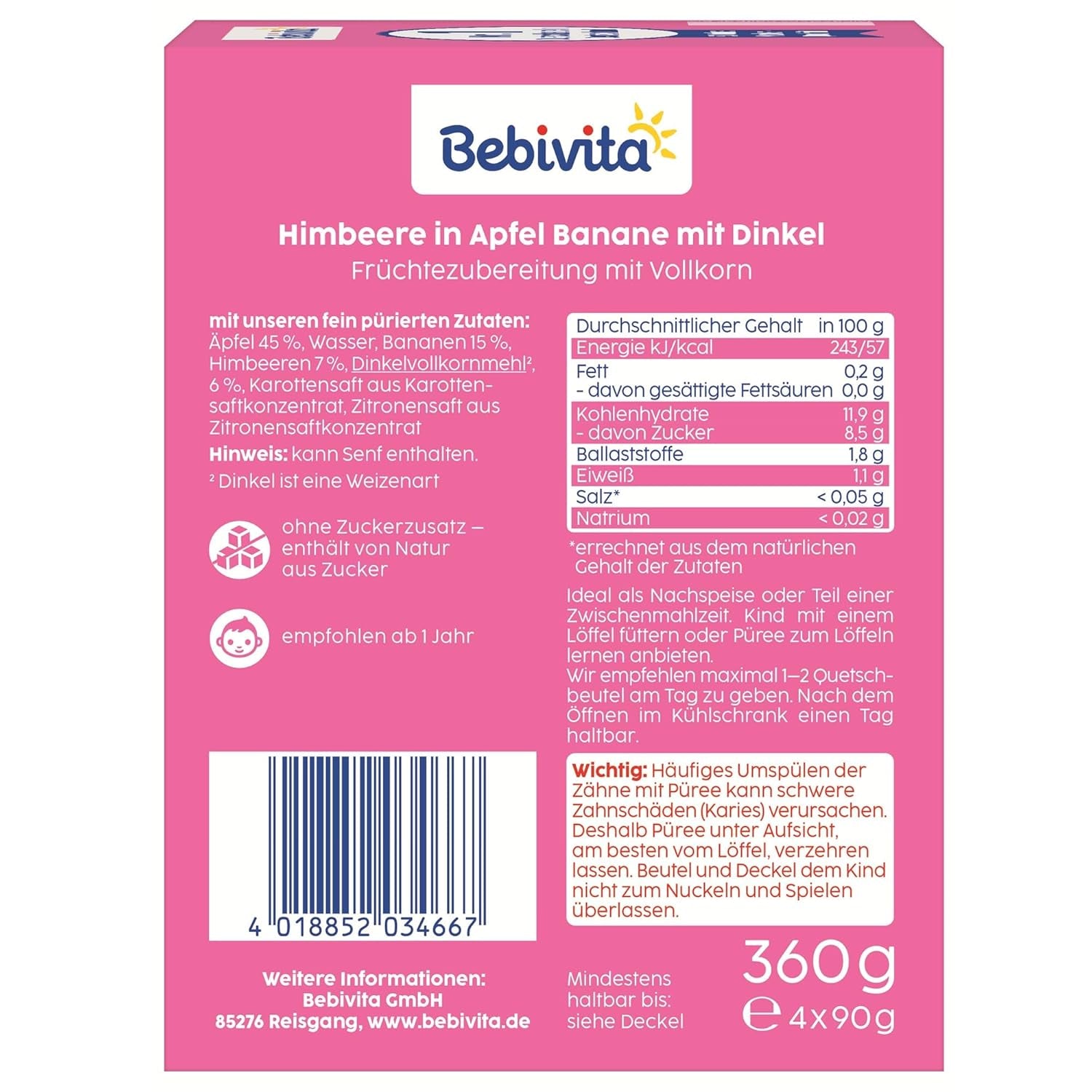 Sachets compressibles fruits, framboise, pomme, banane et épeautre - 16 pièces (paquet de 4, 4 x 90g chacun), sans sucre ajouté, à base de fruits rouges et de céréales saines, idéal pour les collations à emporter et l'autoconsommation