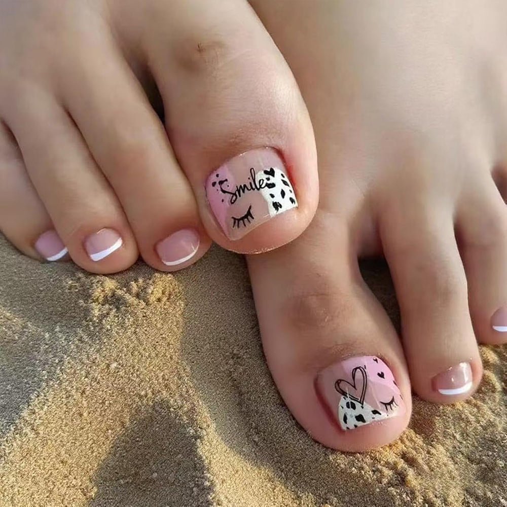 Ensemble de faux ongles adhésifs – Faux ongles français – 24 pièces, design carré court, ongles artificiels dégradés blanc et rose, manucure ballerine (dégradé rose court)