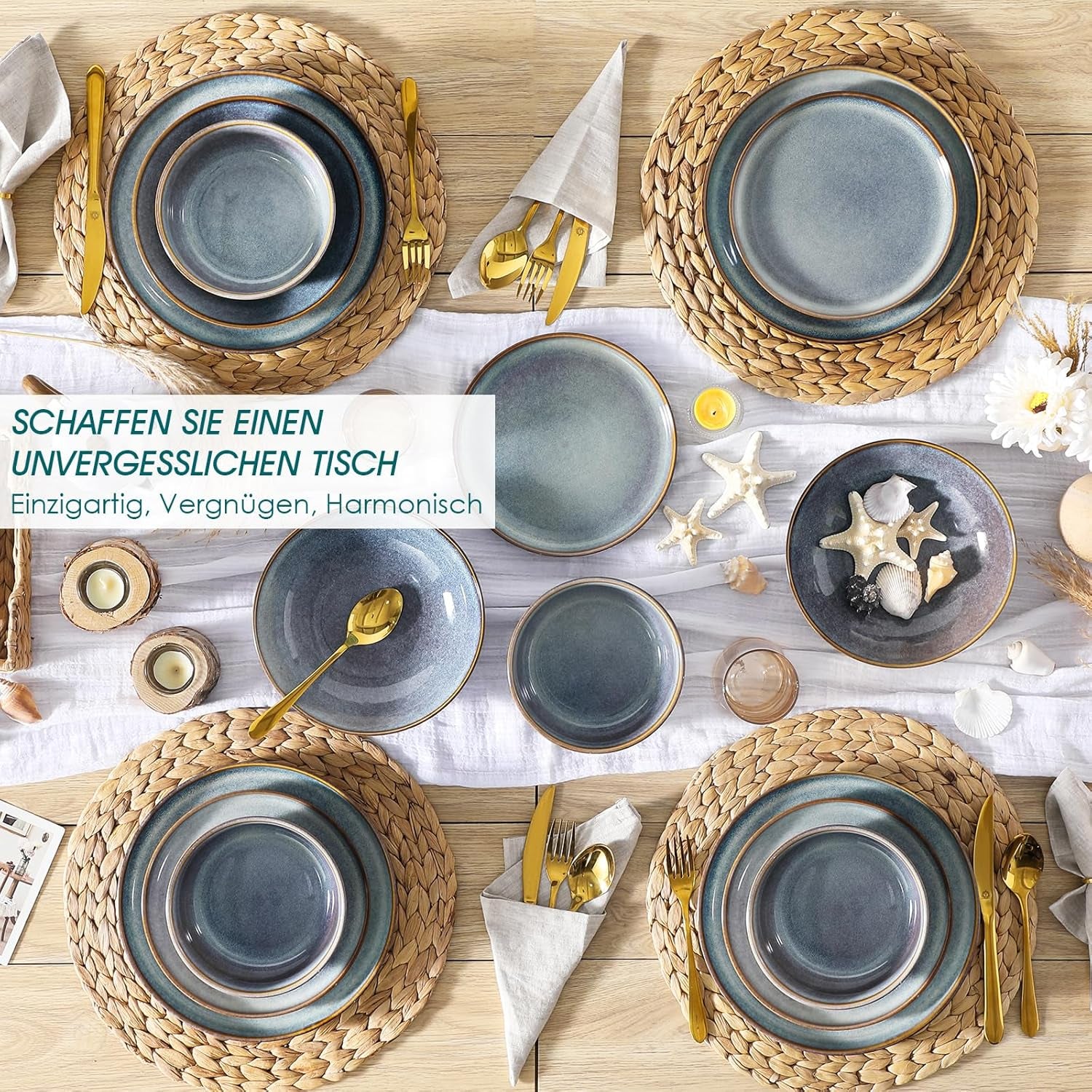 Geschirrset 6 Personen, vancasso PLAYA 24tlg Reaktive Glasur Steingut Tafelservice 6 Personen Modern, Beinhaltet Schüssel, Suppenteller, Dessertteller, Speiseteller, Spülmaschinenfest, Lavendelblau