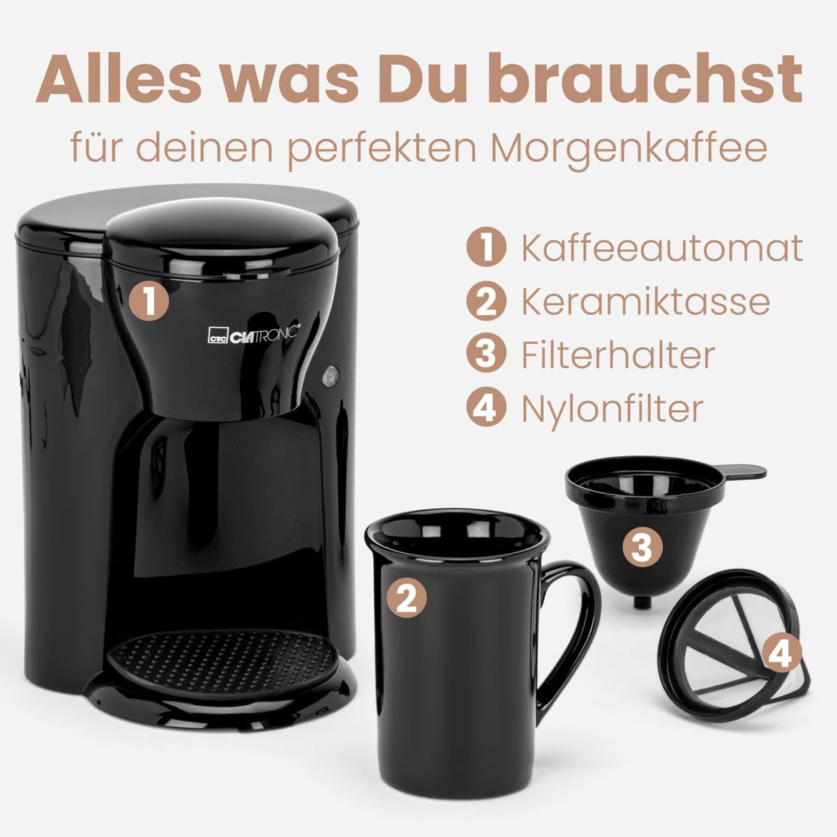 Cafetière Clatronic® 1 tasse | Machine à expresso parfaite pour les célibataires | Machine à expresso avec filtre, avec tasse en céramique | Petite machine à expresso avec filtre, idéale pour les voyages | KA 3356