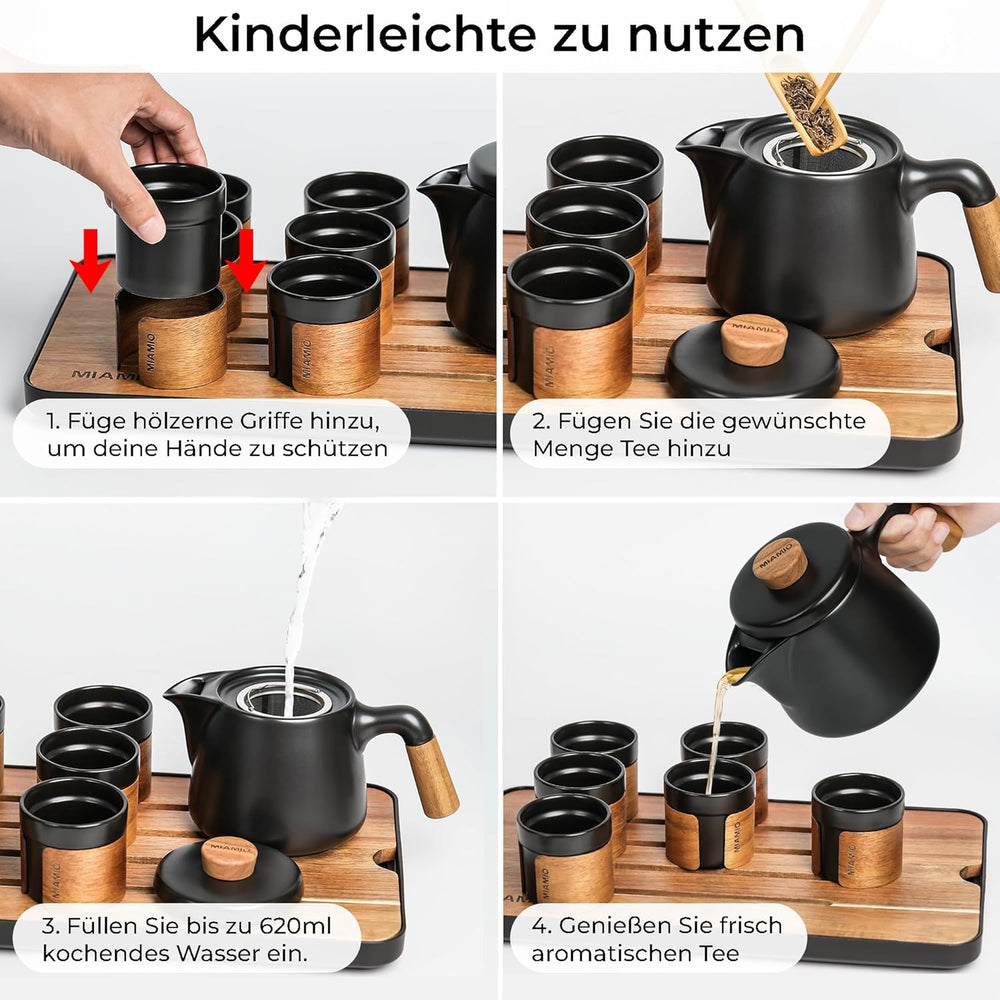 MIAMIO - Service à thé japonais/chinois 6 x 100 ml / Théière asiatique 620 ml avec infuseur à thé, ensemble de théière japonaise traditionnelle pour les amateurs de thé/hommes/femmes (noir)