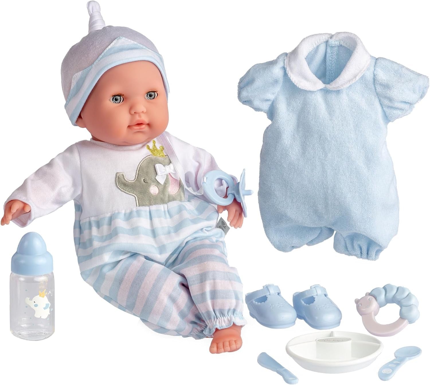 38 cm große realistische Babystoffpuppe mit offenen/geschlossenen Augen | JC Toys - Berenguer Boutique | 10-teiliges Geschenkset mit Flasche, Rassel, Schnuller & Zubehör | Blau | ab 2 Jahren.
