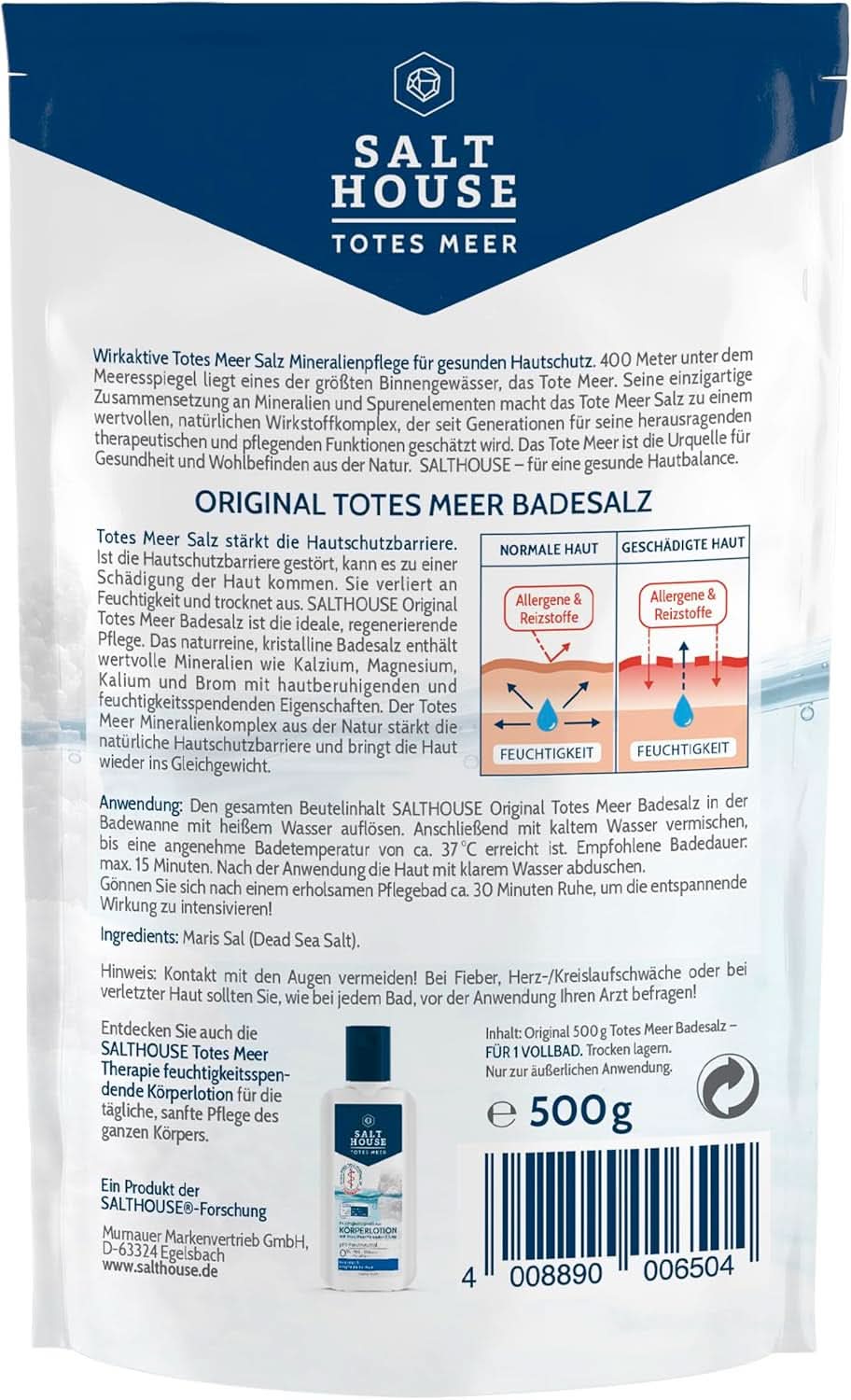 Sels de bain originaux de la Mer Morte Salthouse, sels de bain, irritations cutanées apaisantes, pour peaux sèches et sensibles, 100 % naturels, 500 grammes Naty Shop Douche et bain