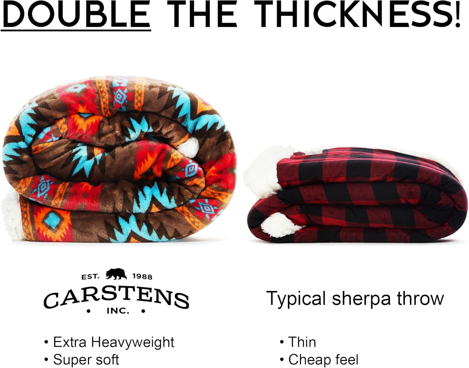 CARSTENS, INC. Couverture Wrangler Ultra Premium, super douce, polaire Sherpa, surdimensionnée, 137,2 x 172,7 cm, lits et couvertures Southwest Horizon Carstens, Inc.