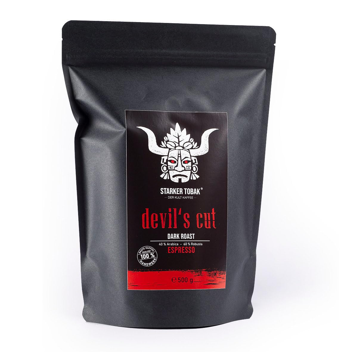 DEVIL'S CUT Espresso intensément torréfié 500g, grains entiers, 40% Arabica - 60% Robusta, fraîchement torréfié à la main, acidité subtile - arôme fort, idéal pour Café Solo, Cortado, Galão, a le goût d'une fête