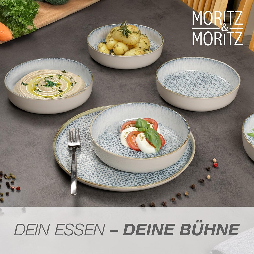 Moritz & Moritz ALHAMBRA Service de table pour 6 personnes, 18 pièces, porcelaine de haute qualité – Vaisselle bleue moderne – Service facile d'entretien comprenant 6 assiettes plates, 6 assiettes à dessert et 6 bols