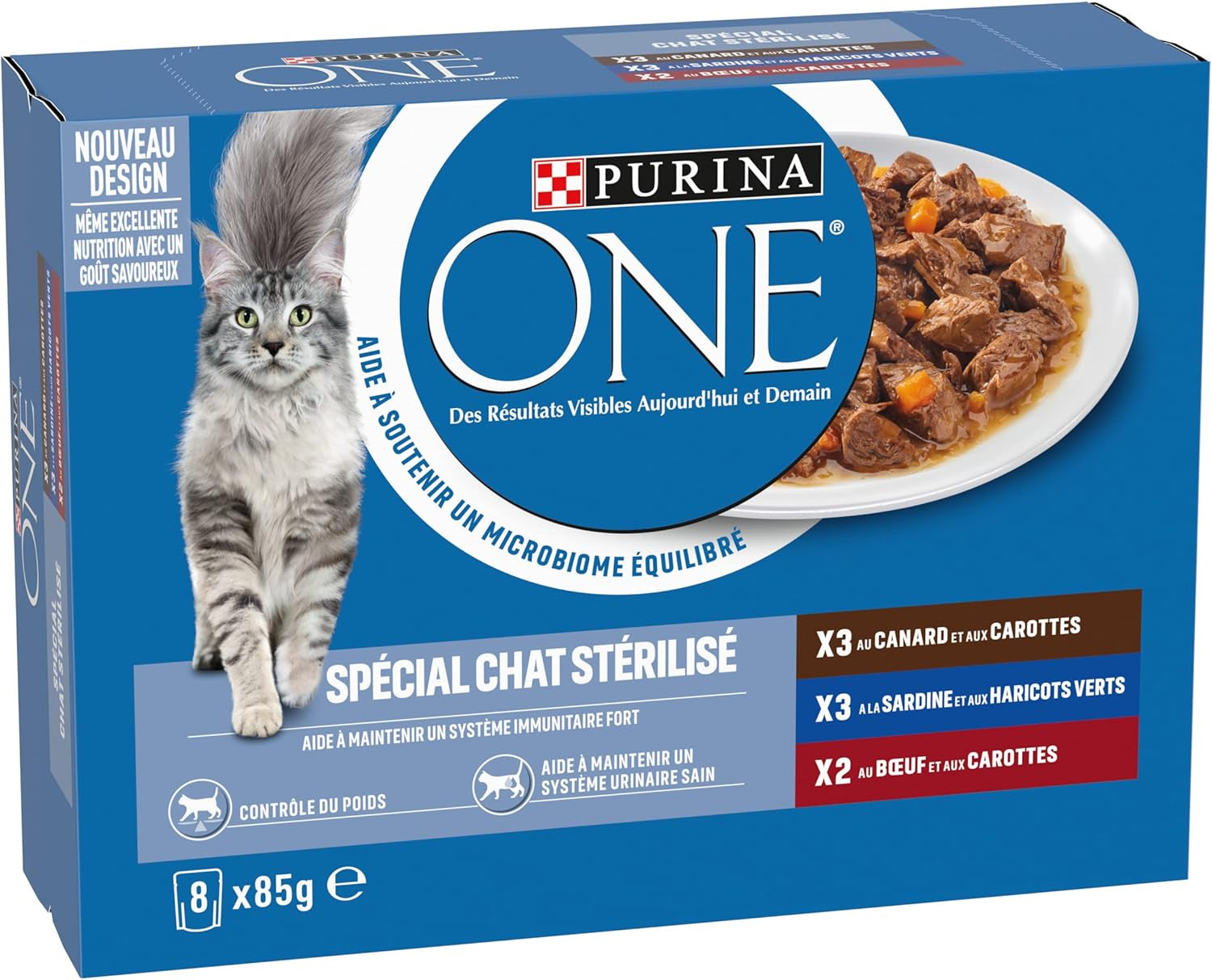 PURINA UN | BIFENSIE | Aliments pour chats adultes stérilisés | Soutient la vitalité, les os, les muscles et les articulations du chat | En sauce | Pochettes au canard, sardines, bœuf, fraîcheur | 1 pièce (8x85g)