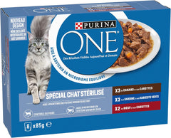 PURINA UN | BIFENSIE | Aliments pour chats adultes stérilisés | Soutient la vitalité, les os, les muscles et les articulations du chat | En sauce | Pochettes au canard, sardines, bœuf, fraîcheur | 1 pièce (8x85g)