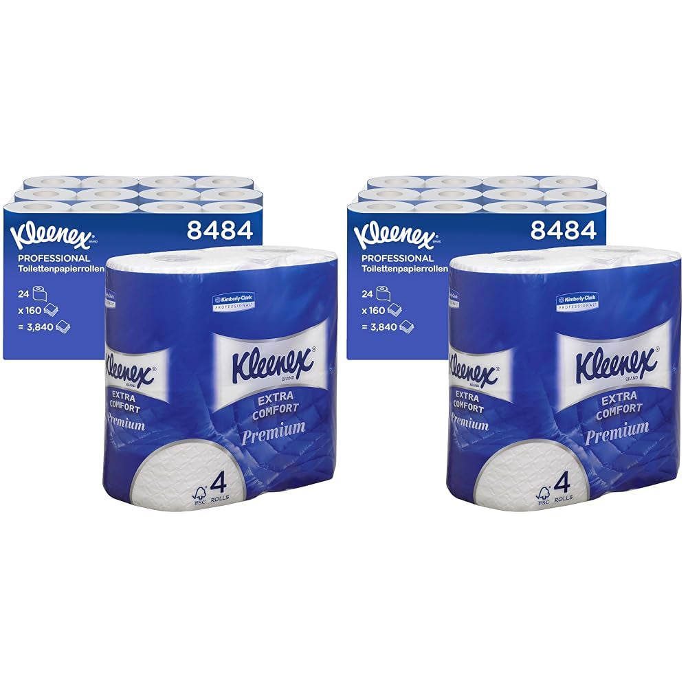 Kleenex Premium Rouleaux de papier toilette 8484, papier toilette 24 rouleaux x 160 feuilles soufflées, papier toilette 4 épaisseurs, 100 % fibres pures, haute qualité, résistant aux déchirures et doux (lot de 2)