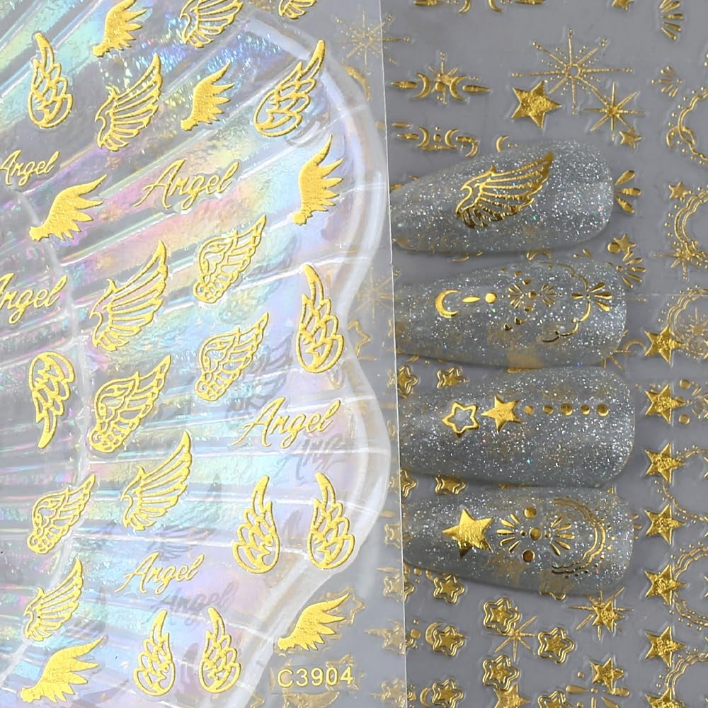 8 feuilles d'autocollants pour ongles dorés, lune et étoiles, ailes d'ange, autocollants pour ongles dorés, feuilles d'étoiles, autocollants pour ongles, accessoires de conception d'ongles, autocollants pour ongles