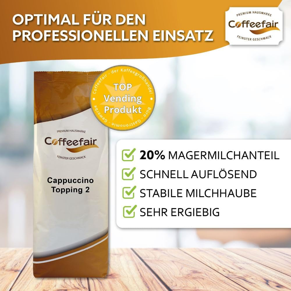 Coffeefair Cappuccino Topping 2 Poudre de lait instantanée 10 x 1 kg, Poudre de lait pour automates à café et à lait, 20 % de poudre de lait, stabilisant la mousse de lait, ergiebig