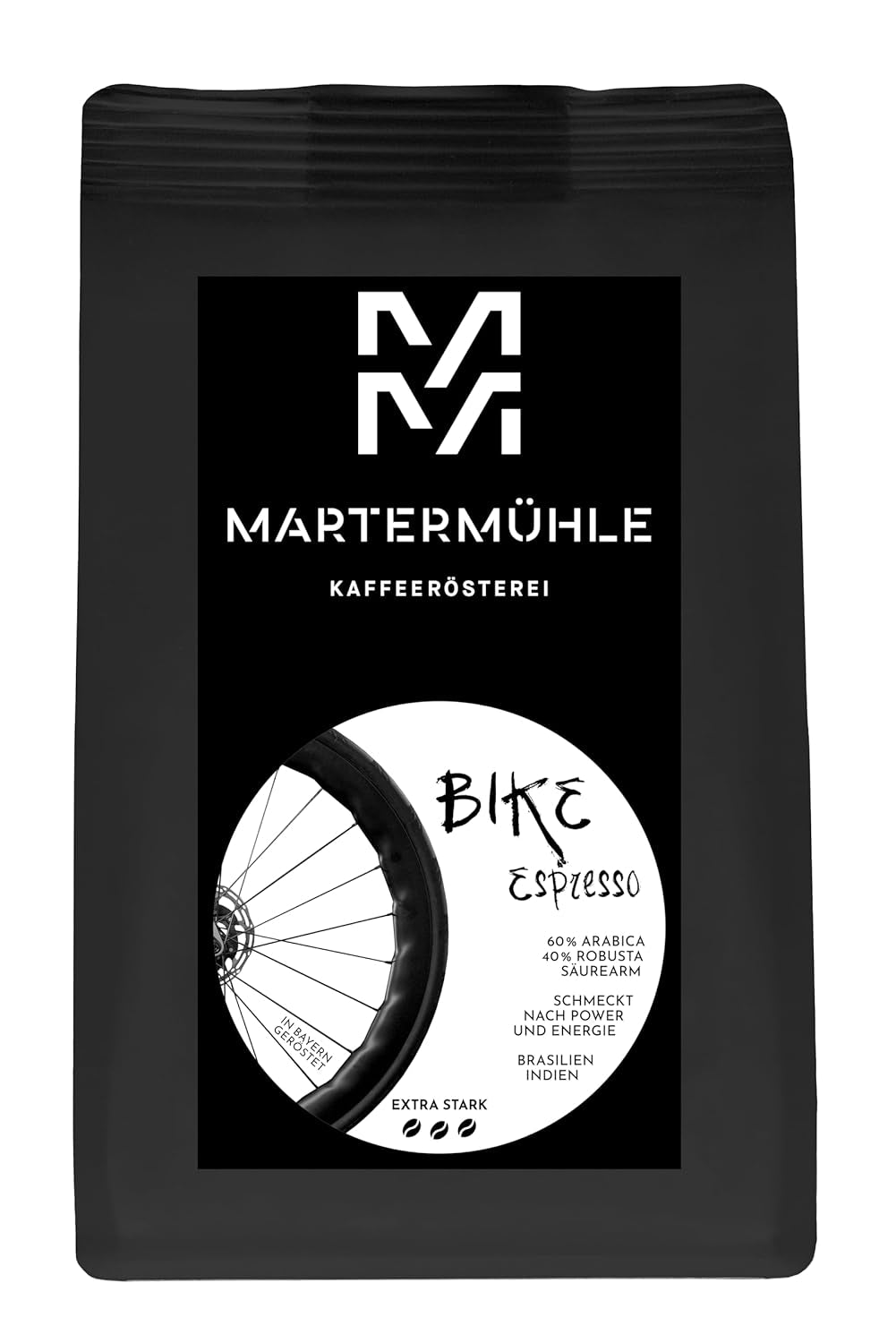 Grains d'espresso Martermühle Bike 500g Strong | Arabica/Robusta | Saveurs : Noix de macadamia, chocolat au lait | Grains d'espresso entiers légèrement torréfiés, faible acidité