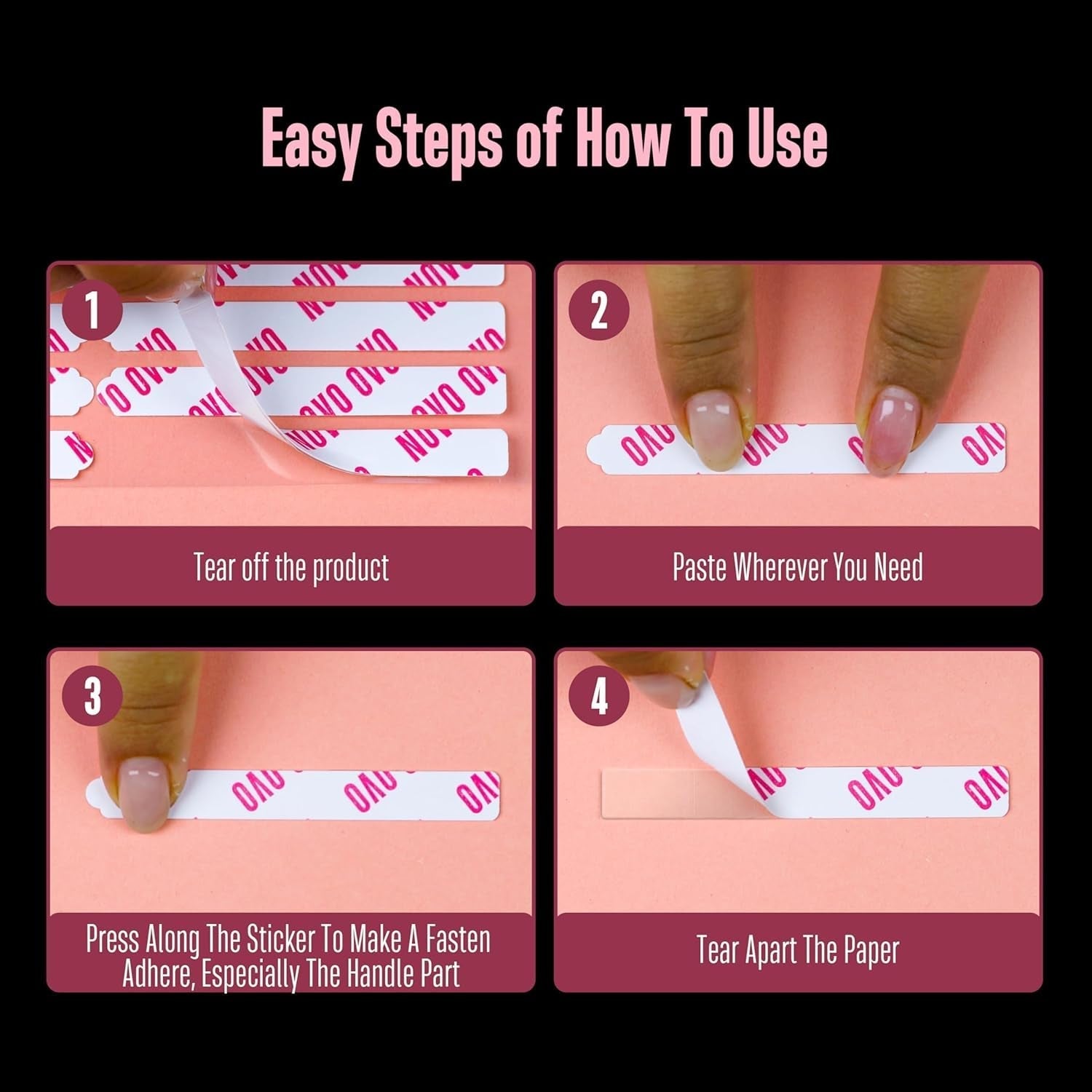 NOVO OVO 360 pièces facile à déchirer à presser sur feuille adhésive transparente double face pour nail art, emballage/stockage/pratique/accessoires, 30 pièces x 12 feuilles