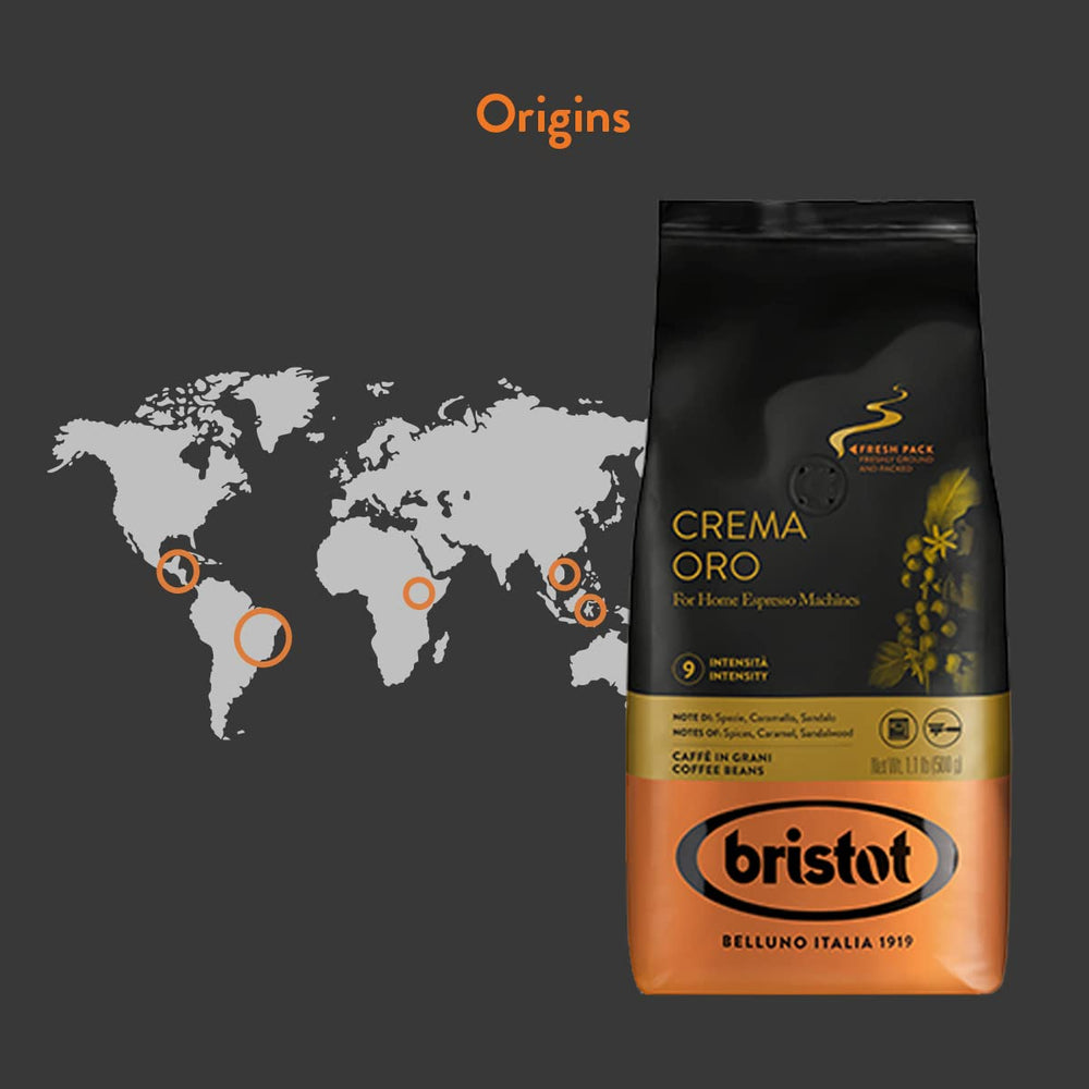 Bristot, Kaffeebohnen CREMA ORO – Total 1 kg – Mischung mit intensif Aroma, süßem Geschmack, Gewürzen, Caramel, Sandelholznoten – Set mit 2 pro 500 g