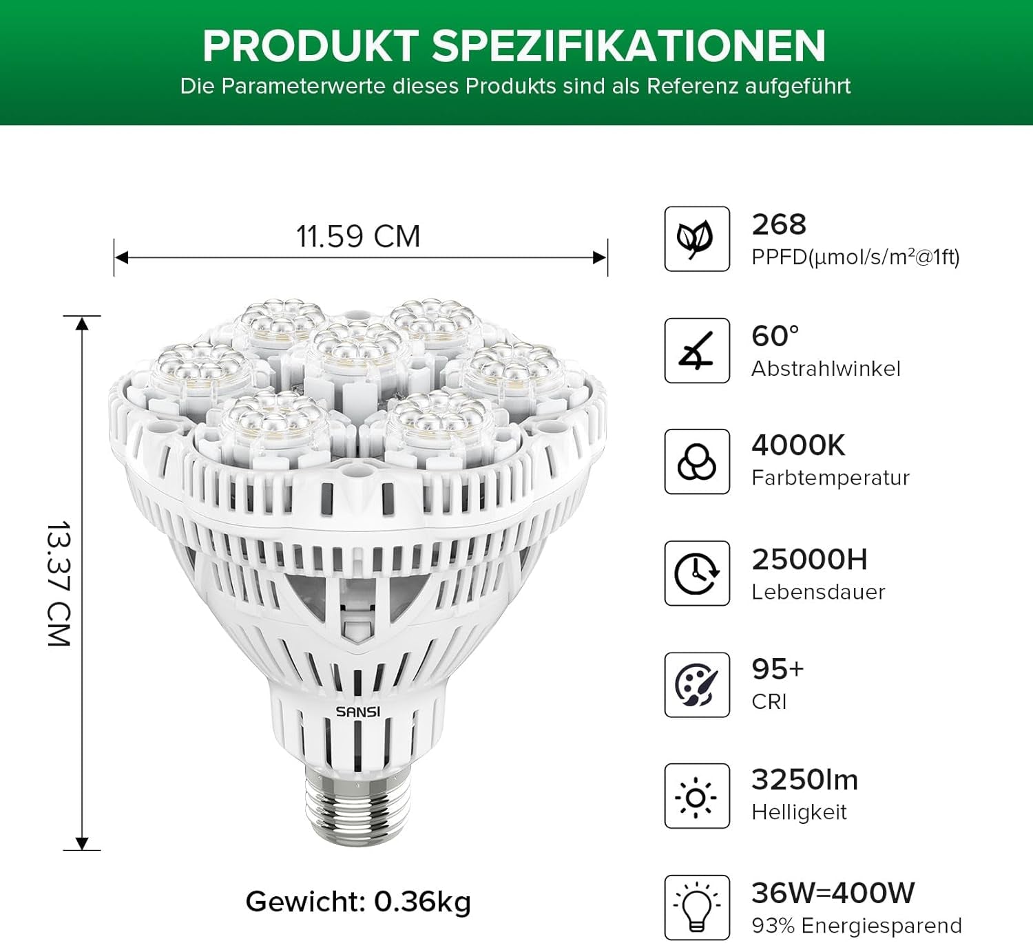 SANSI 36W Spectre Complet E27 Plante d'intérieur LED élèvent la lumière Haute PPFD élèvent des lampes pour la culture hydroponique de légumes de fleurs de jardin à effet de serre Taille Ø11,5 * 13,3 cm