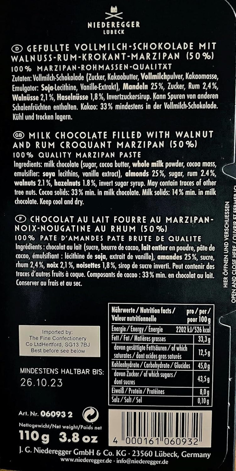 Niederegger Nuc-Rum Barre de pâte d'amande cassante 110g
