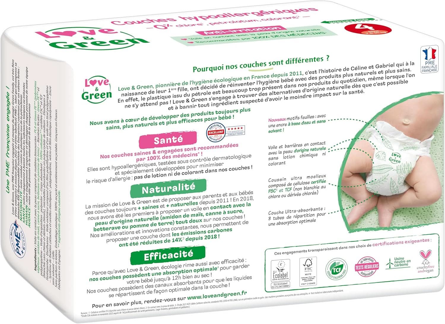 Love & Green, couches sans chlore, paquet pour 1 mois, taille 4 Mère et Enfant Naty Shop