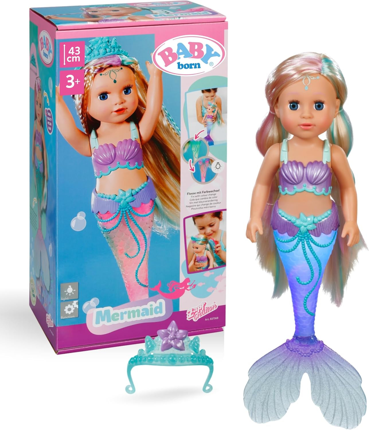 BABY Born Mermaid - Poupée de 43 cm de haut - Cheveux de haute qualité avec mèches colorées - Aileron lumineux - Fonctionne sur batterie - Convient aux enfants à partir de 3 ans, Green Naty Shop Dolls Titre par défaut