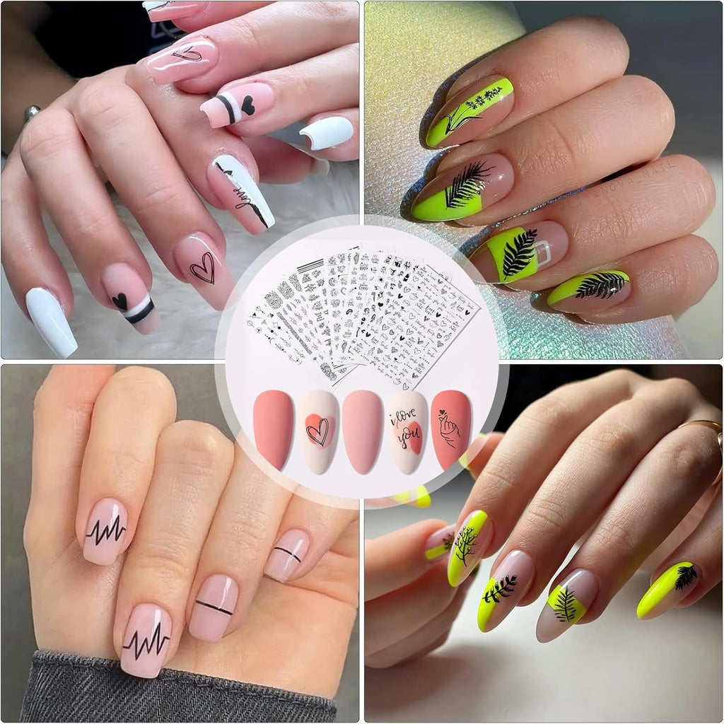 7 Blätter Nagelsticker Selbstklebend Nagelsticker Blumen Abstrakt 3D Schwarz Nagelaufkleber Nageldesign Herzform Wörter Pflanzen Nagel Sticker DIY Nail Art Zubehör Maniküre Dekoration