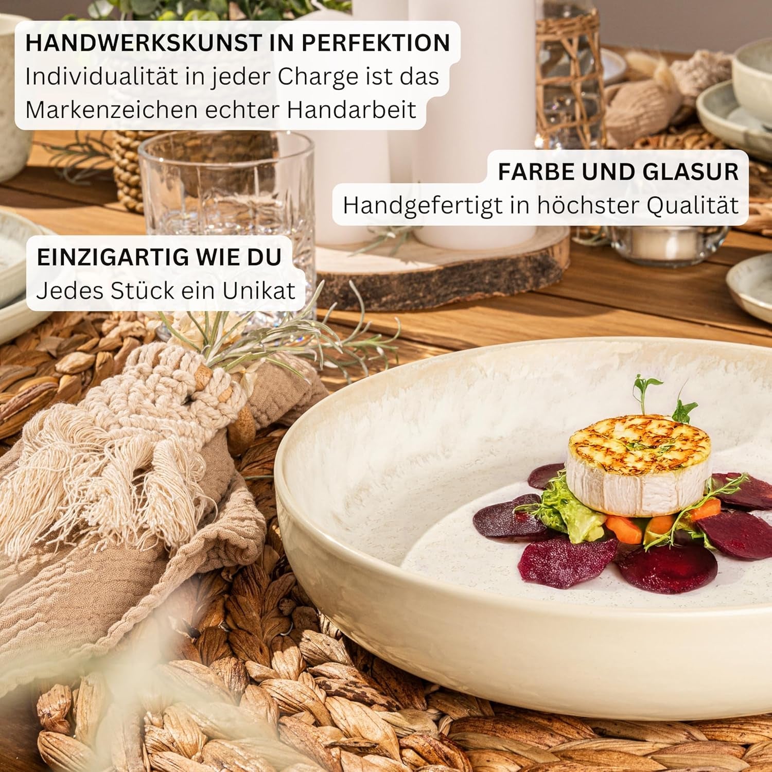 SÄNGER Key West | Service de table en grès 24 pièces pour 6 personnes, 6 assiettes à dîner, bols à céréales, assiettes à dessert, bols à pâtes, vaisselle à la crème avec texture sable | LA COLLECTION VALEUR