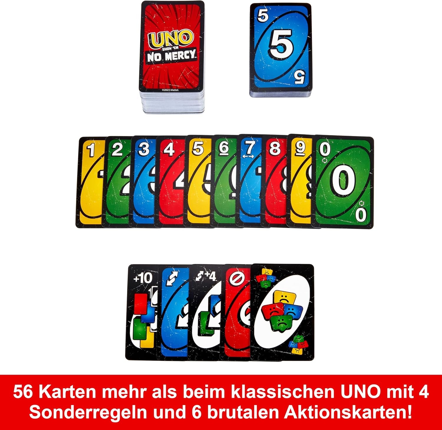 Mattel UNO Show 'em No Mercy - 56 cartes supplémentaires, cartes d'action stimulantes et règles de jeu brutales pour la version la plus impitoyable, règle d'empilage et échange de mains, à partir de 7 ans, HWV18