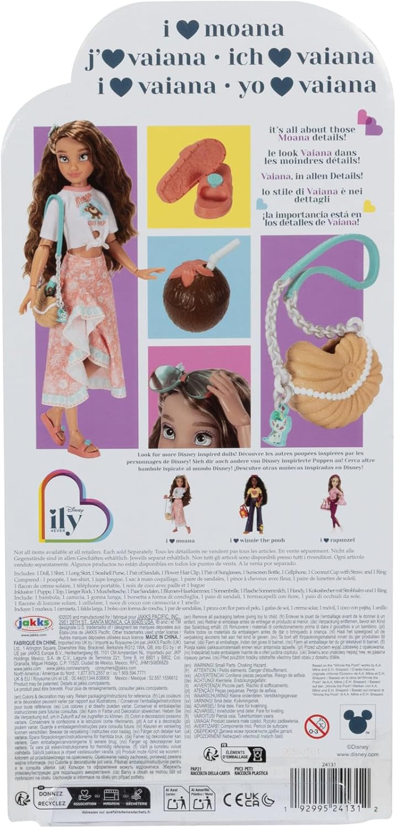 Poupée Vaiana avec accessoires, 29cm, 13 points d'articulation, sous licence officielle Jakks Pacific. Complet avec des accessoires combinables et une bague Mickey étincelante !