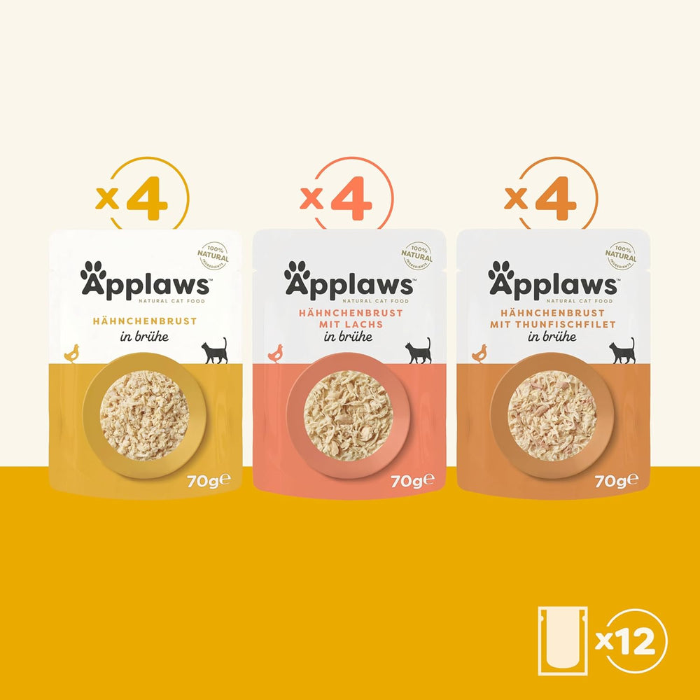Applaws Sachets de nourriture humide naturelle pour chats, sélection de bouillon de poulet en paquet multiple - 12 sachets x 70 g