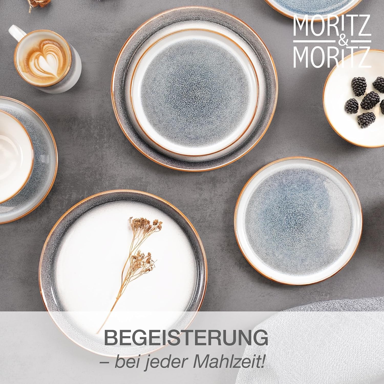 Moritz & Moritz TARENTO Service de table 24 pièces pour 6 personnes, gris – Service d'assiettes élégant en grès de haute qualité – Le service de table comprend 6 assiettes plates, 6 assiettes à dessert, 6 assiettes plates et 6 tasses.