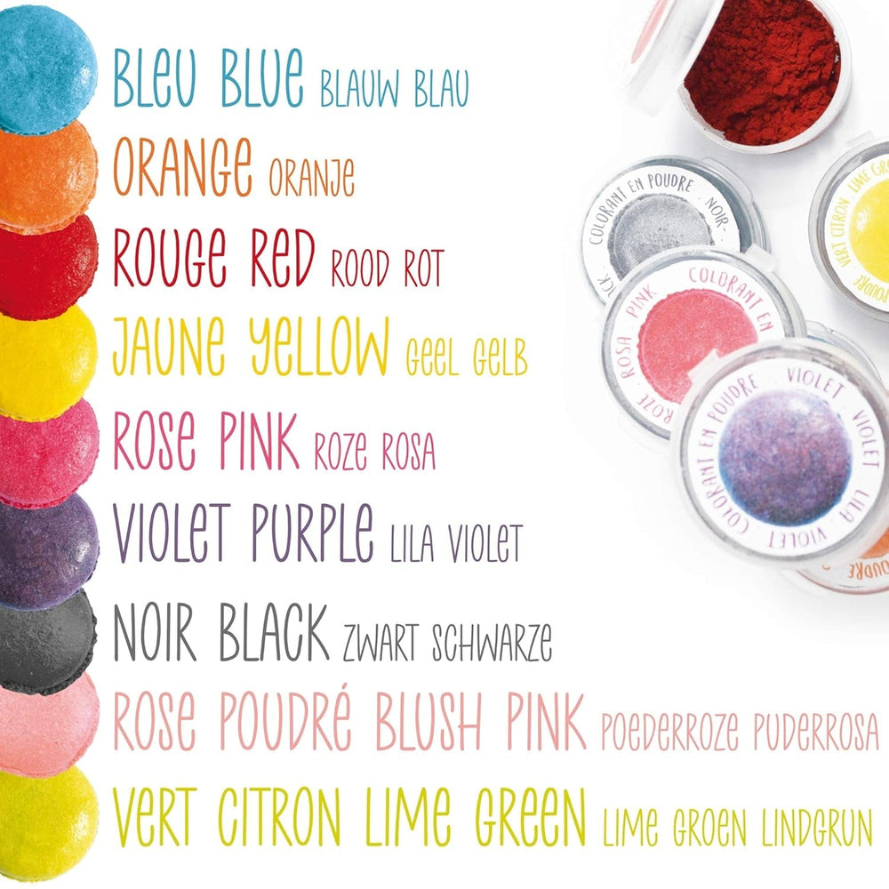 Scrapcooking - Lot de 9 colorants alimentaires en poudre - Bleu, Jaune, Rose, Violet, Orange, Vert anis, Rouge, Rose poudré, Noir - Colorant en poudre comestible pour gâteaux, muffins, macarons - 4270