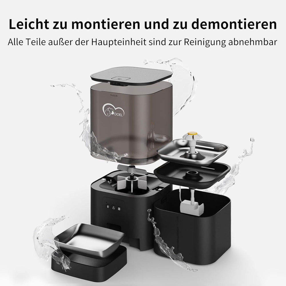 Distribuitor automat de hrană și apă 2 în 1 pentru pisici, distribuitor de hrană uscată de mare capacitate de 6 litri + distribuitor de apă de 2,5 litri cu control prin aplicație, înregistrare vocală și hrănire temporizată.