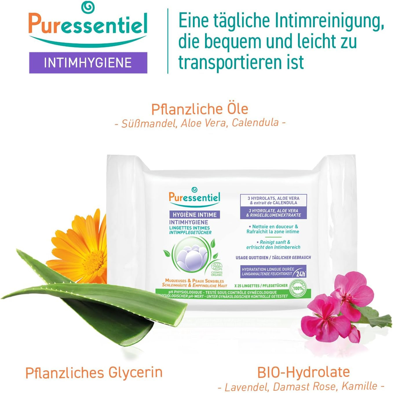 Puressentiel - Hygiène intime - Lingettes intimes - Nettoyantes et rafraîchissantes - Muqueuses et peaux sensibles - Hydratation longue durée 24 heures - Pour un usage quotidien - X25 pcs.