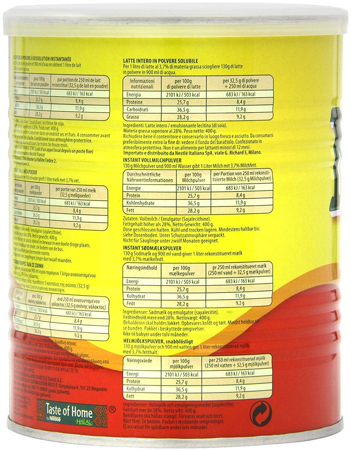 Nestle Nido Vollmilchpulver – Crème instantanée pour café et thé avec vitamines et minéraux et sans conservateurs ou colorants – Dose de 400 g