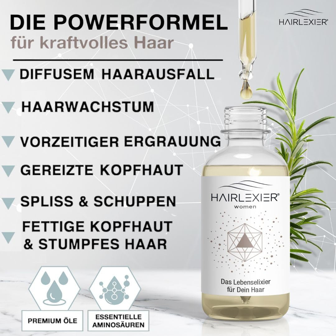 Hairlexier Remède pour la croissance des cheveux pour femme - Huile capillaire au romarin, huile capillaire à l'huile de ricin, huile de lavande, sérum capillaire naturel contre la chute diffuse des cheveux, soutient la croissance des cheveux, végétalien et biologique + Cahier de soins capillaires Naty Shop