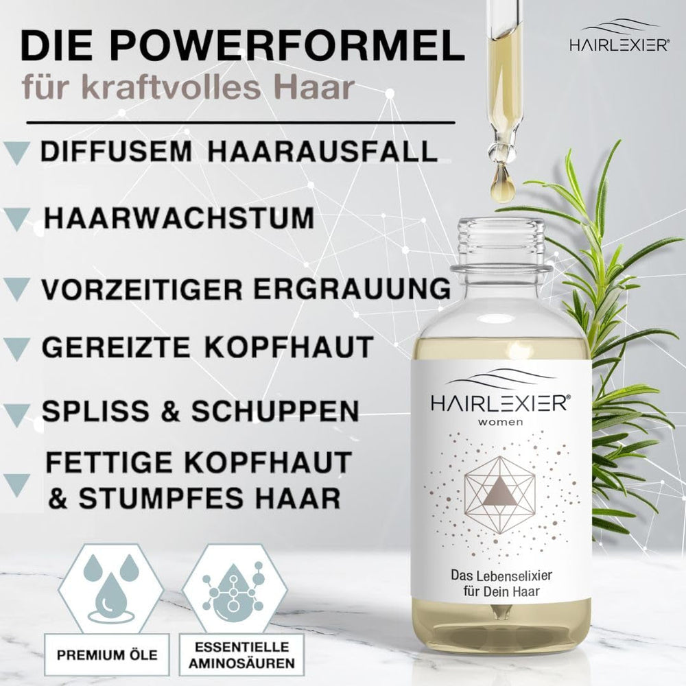 Hairlexier Remède pour la croissance des cheveux pour femme - Huile capillaire au romarin, huile capillaire à l'huile de ricin, huile de lavande, sérum capillaire naturel contre la chute diffuse des cheveux, soutient la croissance des cheveux, végétalien et biologique + Cahier de soins capillaires Naty Shop