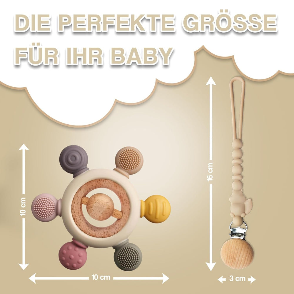Anneau de dentition pour bébé avec chaîne de tétine - Aide à la dentition - Jouet pour bébé de 0 à 6 mois - Essentiels pour nouveau-né - Jouet de dentition sans BPA - Idées cadeaux pour nourrissons