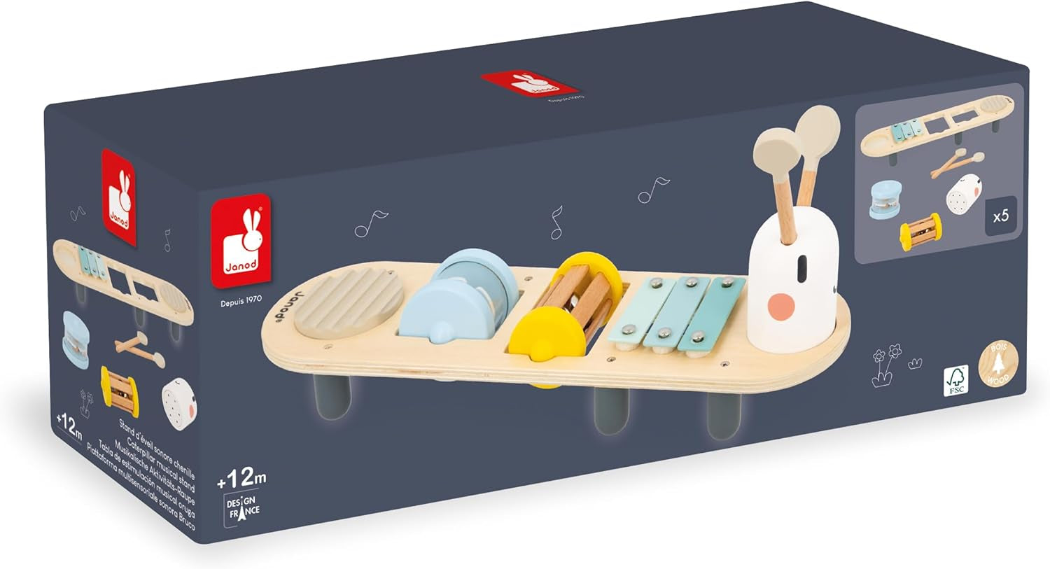 Janod - Pistes musicales Sweet Cocoon - 5 activités musicales pour les enfants - Éducation musicale précoce - Jouet en bois FSC - Dès 12 mois, J04058 Jouets pour bébés Naty Shop