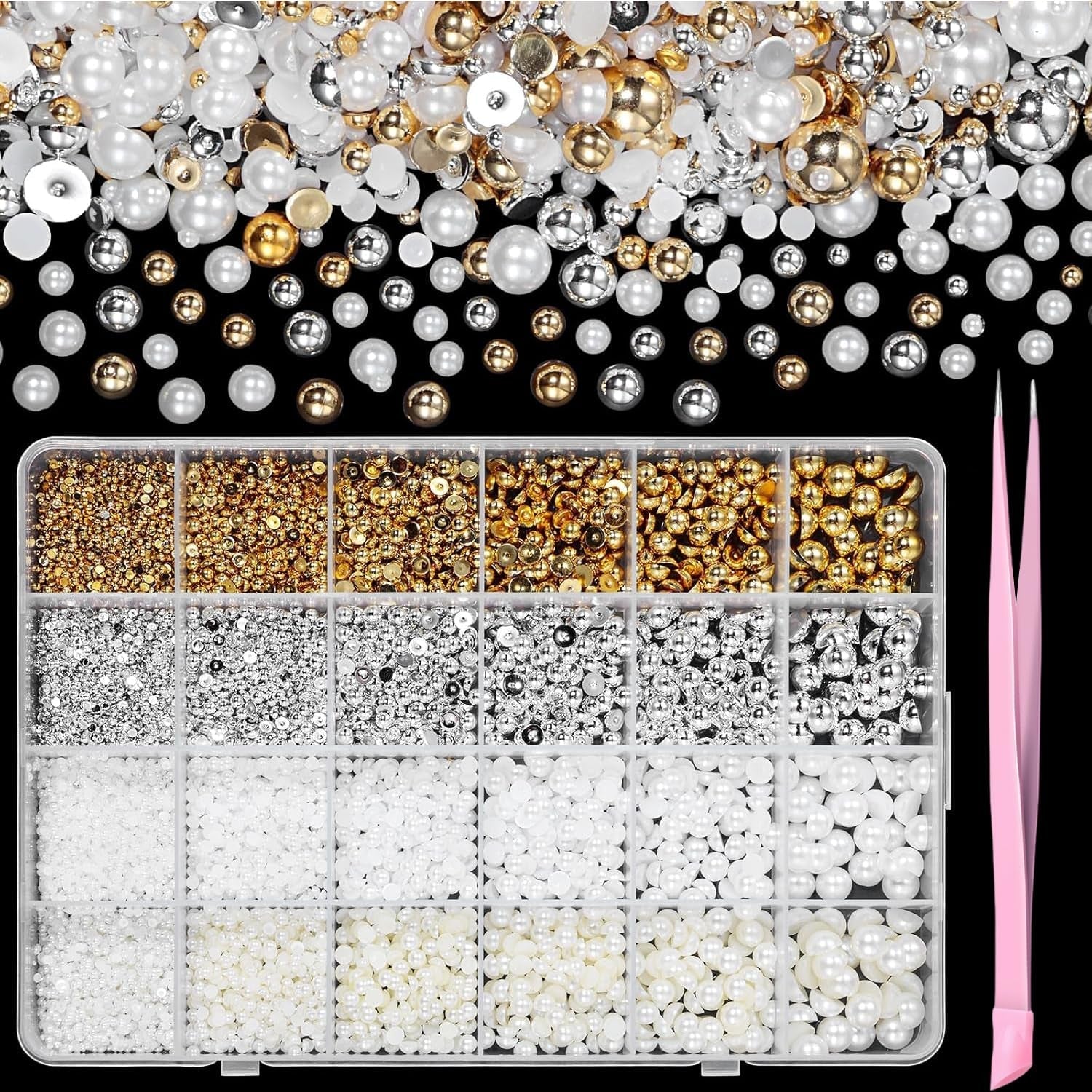 GZMAYUEN 920 pièces perles à dos plat or argent pour ongles, perles à ongles demi-brun blanc beige, petites perles à dos plat demi-brun pour décoration d'art d'ongle bricolage