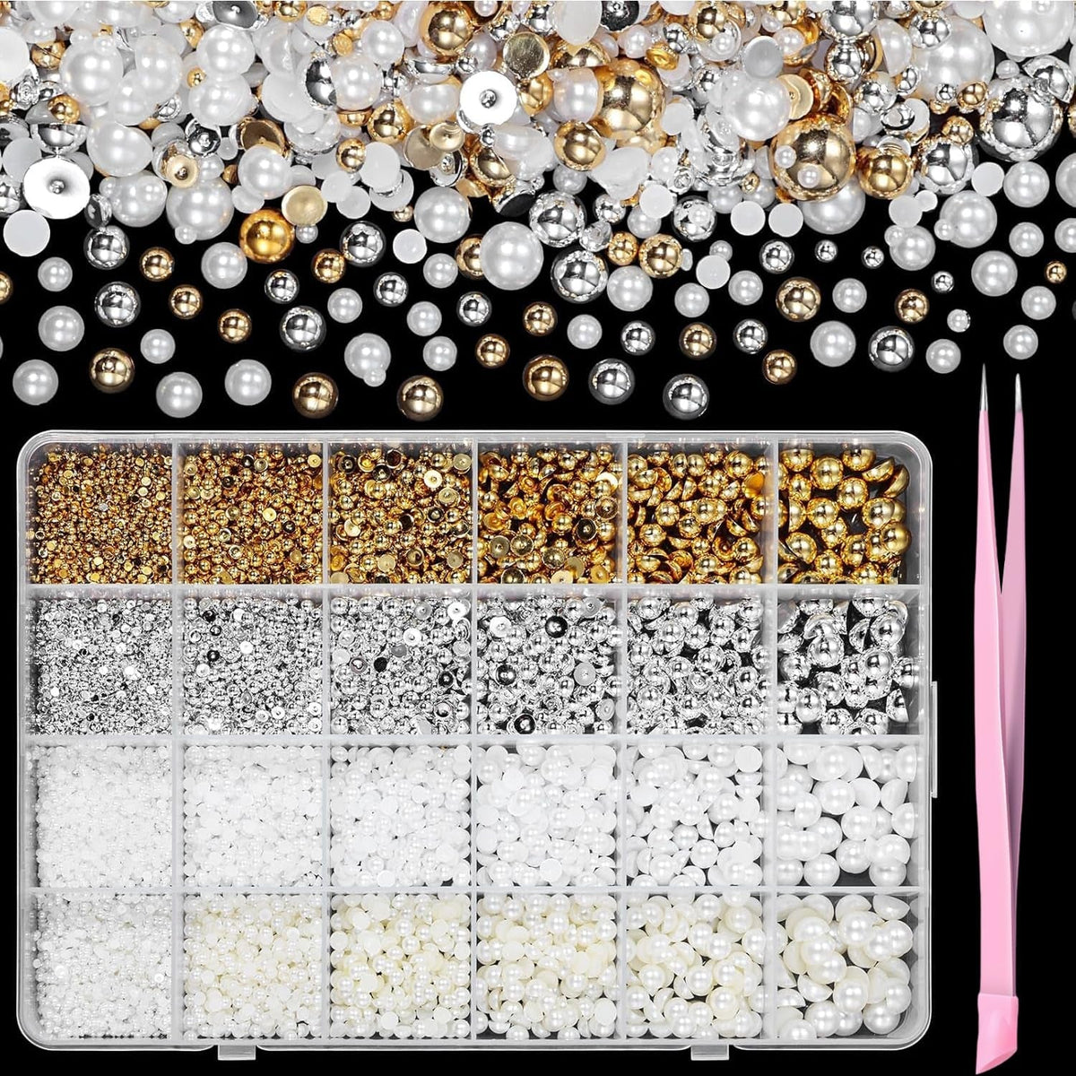 GZMAYUEN 920 pièces perles à dos plat or argent pour ongles, perles à ongles demi-brun blanc beige, petites perles à dos plat demi-brun pour décoration d'art d'ongle bricolage