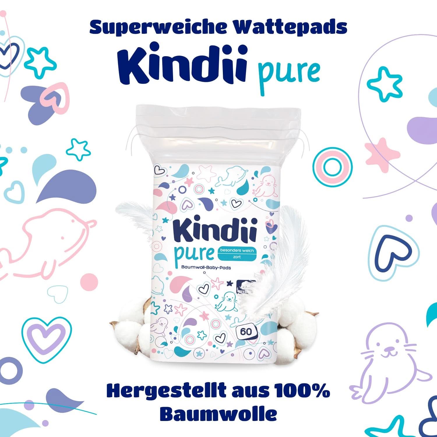 Serviettes Bébé Kindii Pure - 100% coton - Grandes serviettes carrées pour peaux sensibles - Remplace les lingettes humides - Douces - Bords doux Lingettes humides pour bébé Naty Shop