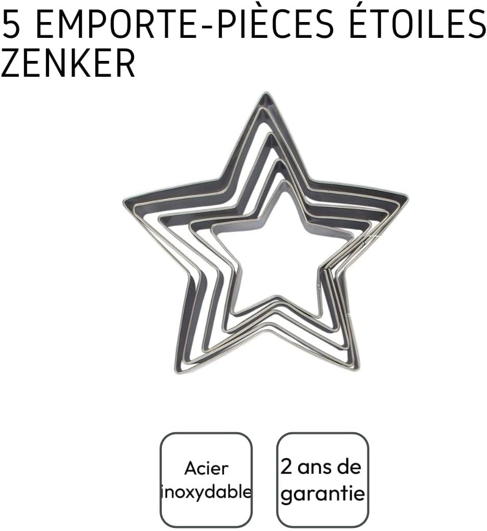 Zenker 44813 Lot de 5 emporte-pièces étoiles, lot de 5 emporte-pièces étoiles, acier inoxydable, argent, 6-12 x 2,5 cm