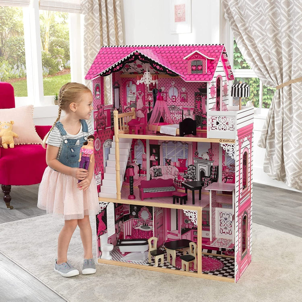 Kidkraft Maison de poupée en bois Amelia avec meubles et accessoires, ensemble de jeu avec balcon et ascenseur pour poupées de 30 cm, jouet pour 3 ans, 65093 Naty Shop Dollhouses