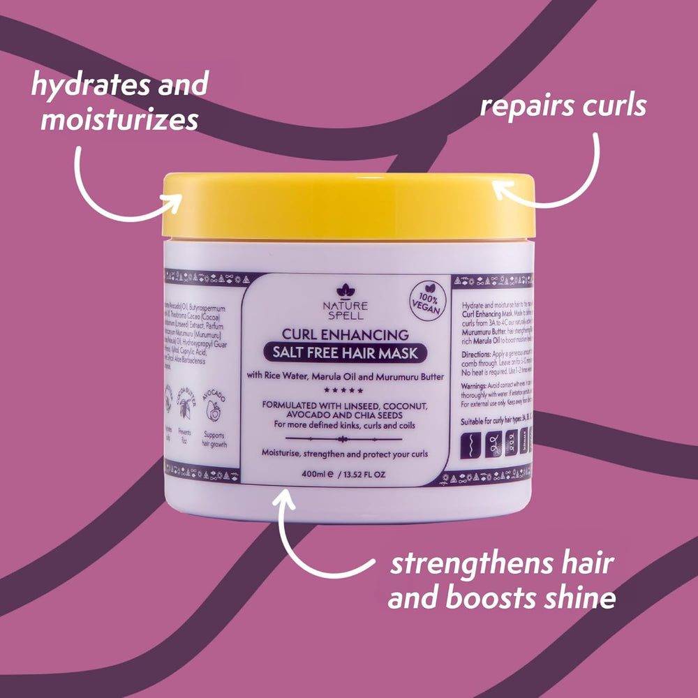 Masque capillaire pour cheveux bouclés de Nature Spell 400 ml - Enrichi en eau de riz et graines de lin, pour tous les types de boucles, sans sulfate Naty Shop Hair Mask