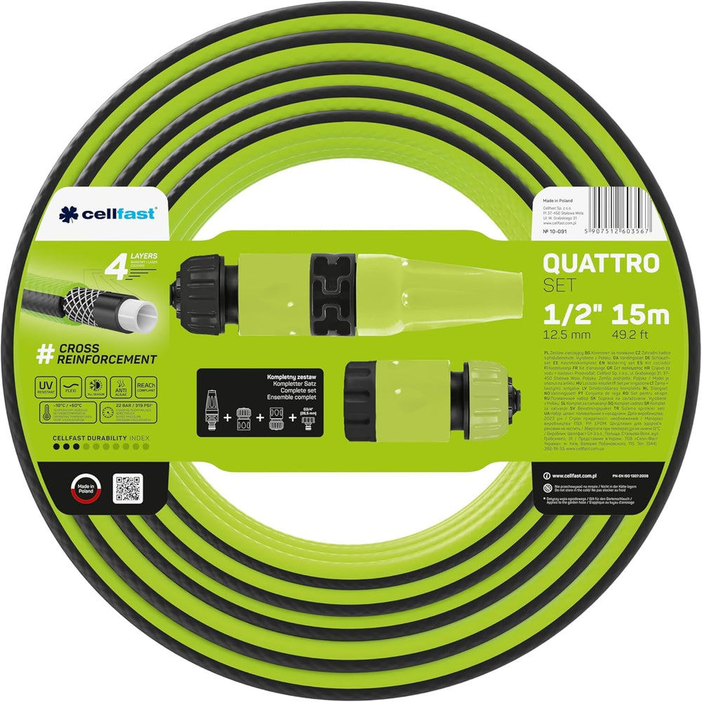 Cellfast QUATTRO Tuyau d'arrosage durable et léger, 4 plis, résistant aux UV, tresse croisée, 20 bars, 3/4" 15 m 10-074
