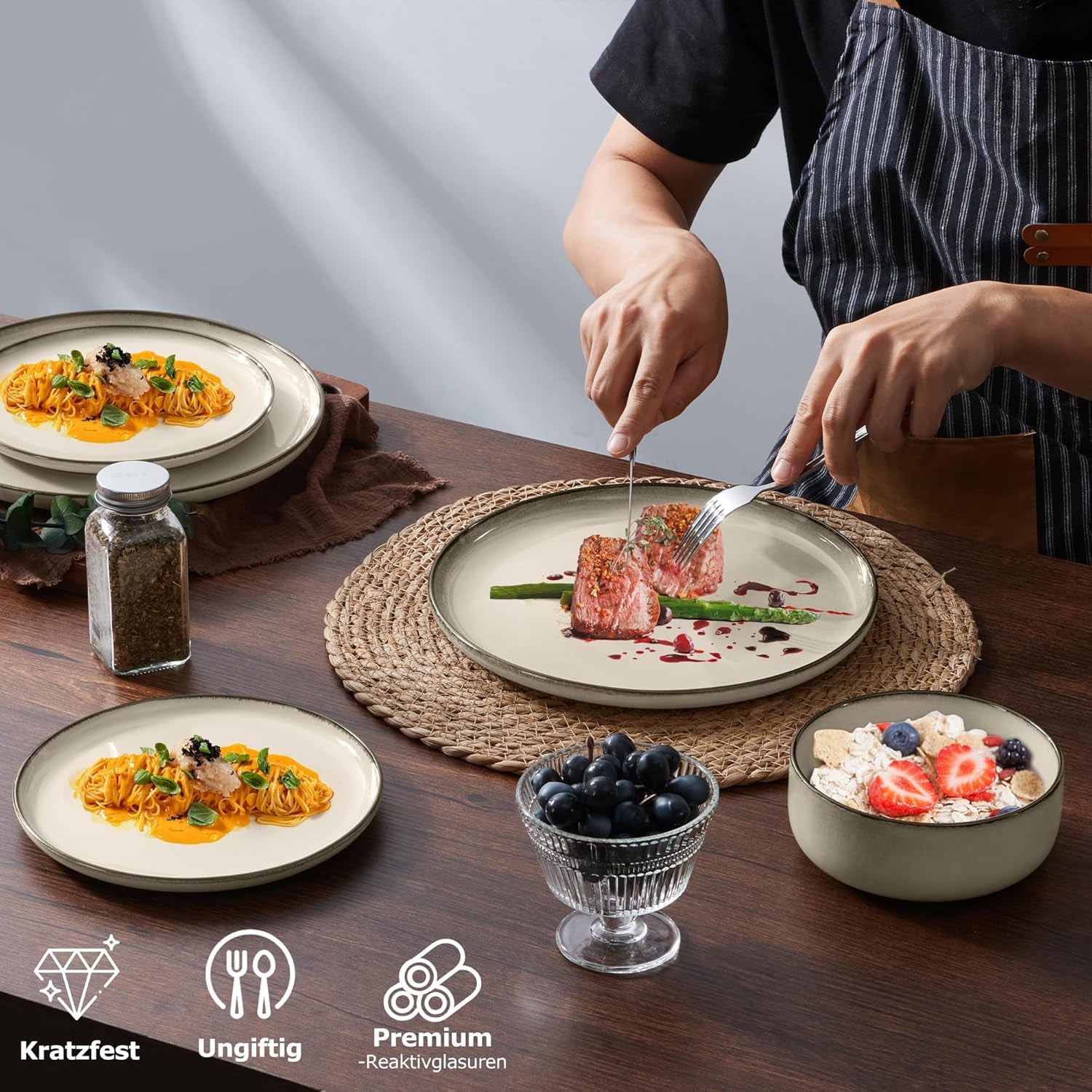 Service de table pour 6 personnes, 18 pièces en grès, service combiné, 6 assiettes plates, 6 assiettes à dessert, 6 bols à céréales, résistant aux rayures et passe au micro-ondes – Kaki Karst